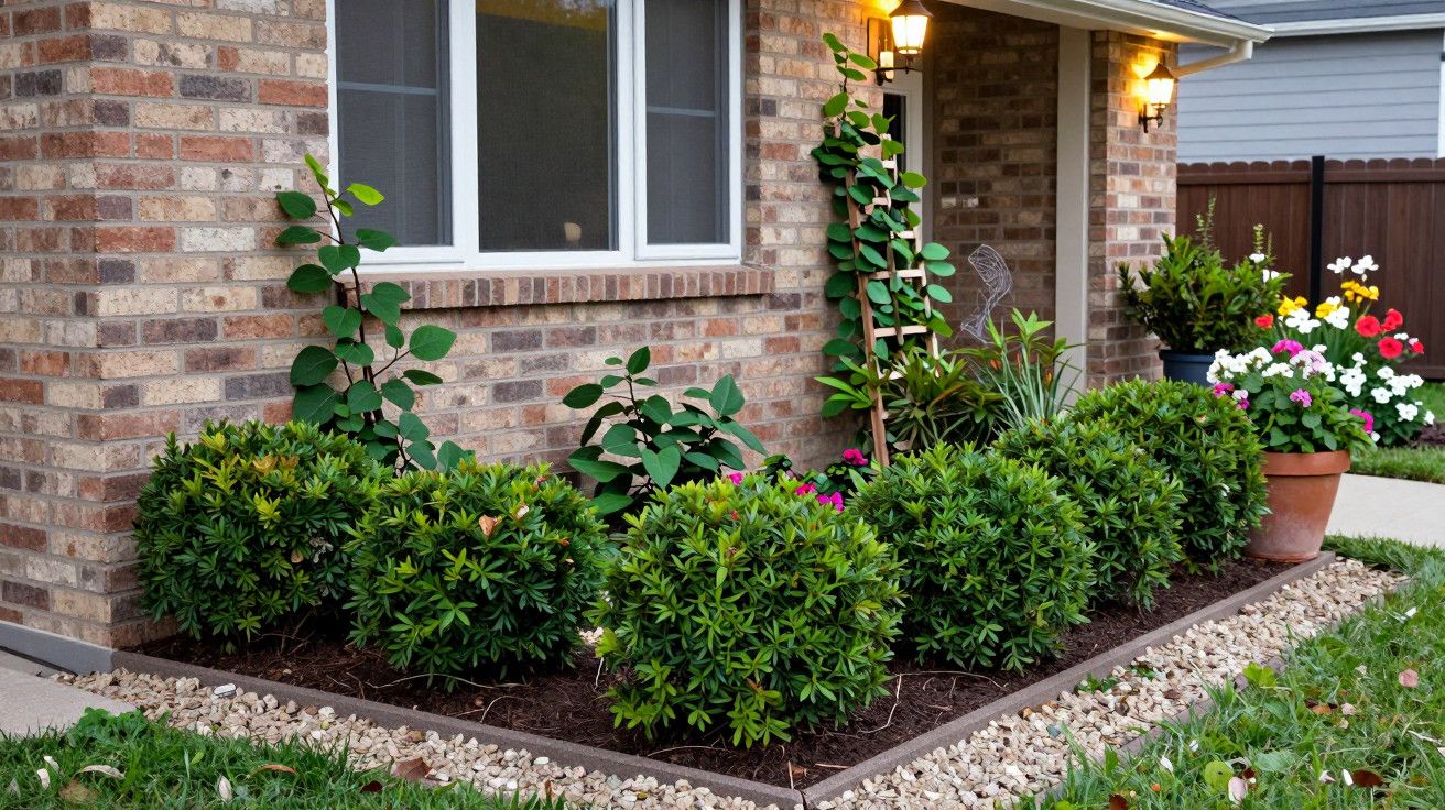 Jardim diante de uma casa de tijolos, com arbustos, flores coloridas em vasos e iluminação de parede.