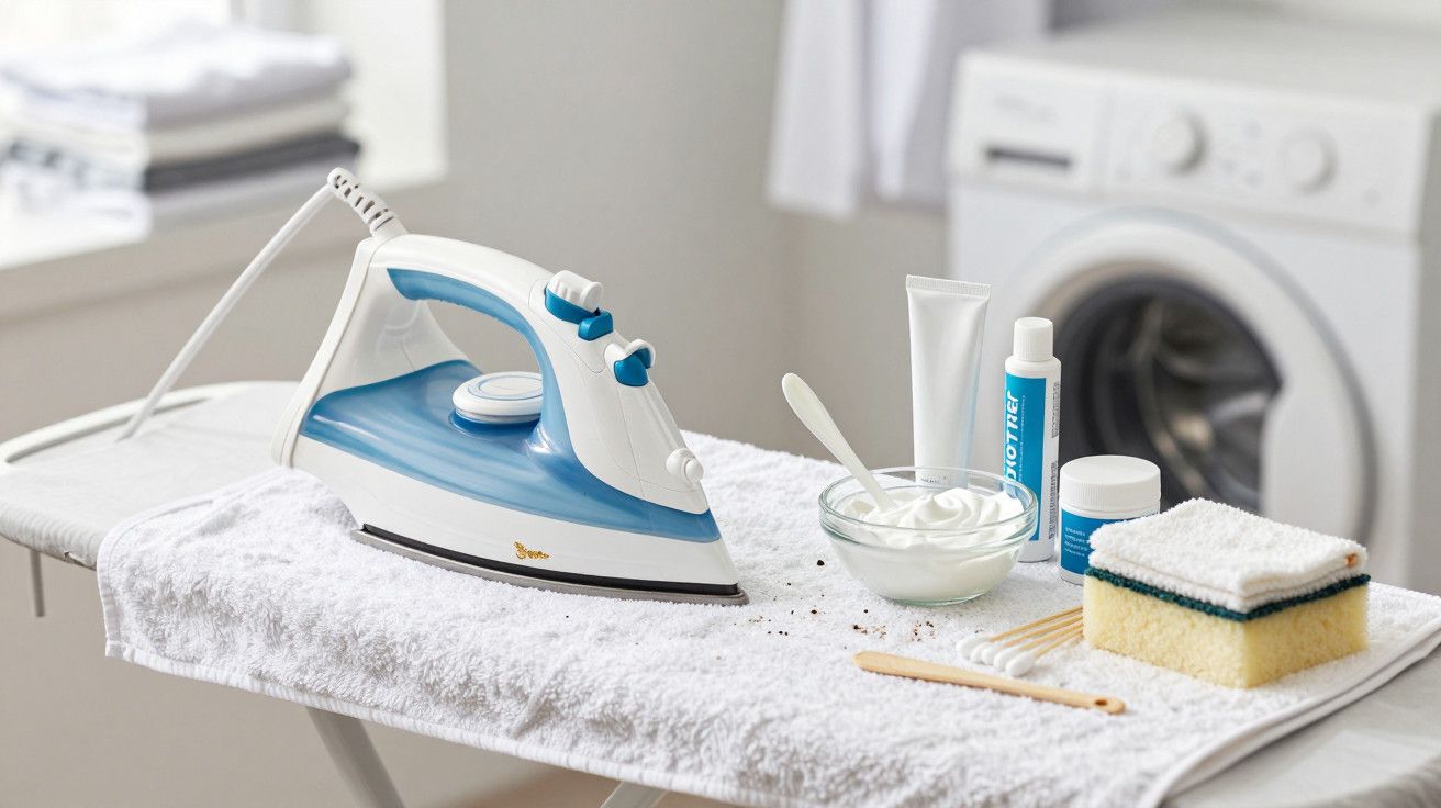 Ferro de engomar azul e branco em tábua com produtos de limpeza, esponjas e roupa ao fundo na lavandaria.