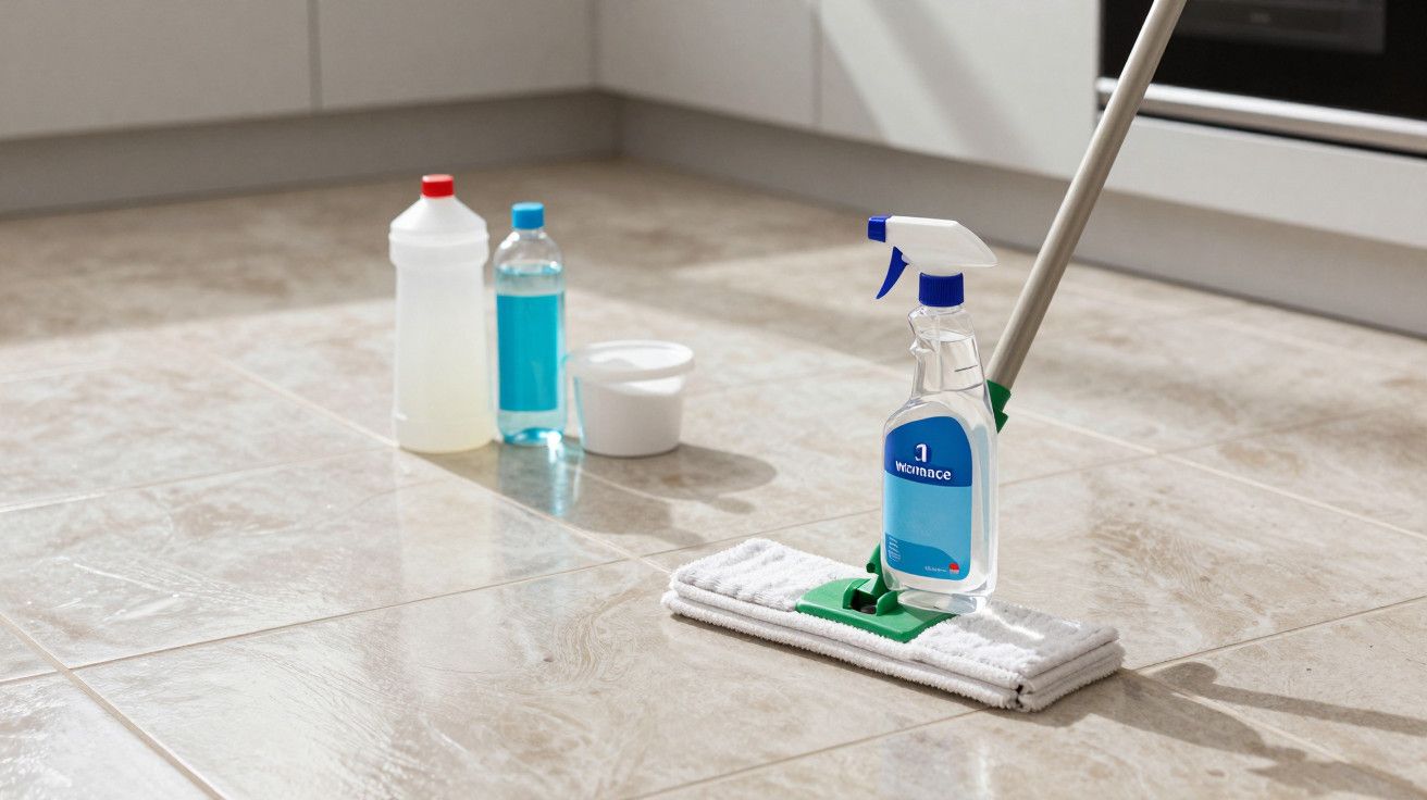 Produtos de limpeza e esfregona num chão de cozinha reluzente.