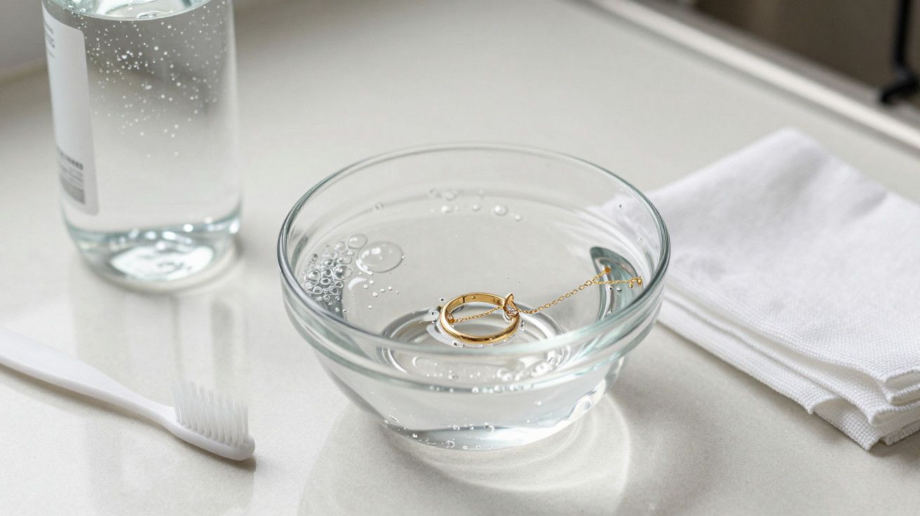 Taça com água e um colar dourado submerso, ao lado de uma escova de dentes e toalhas brancas numa bancada.