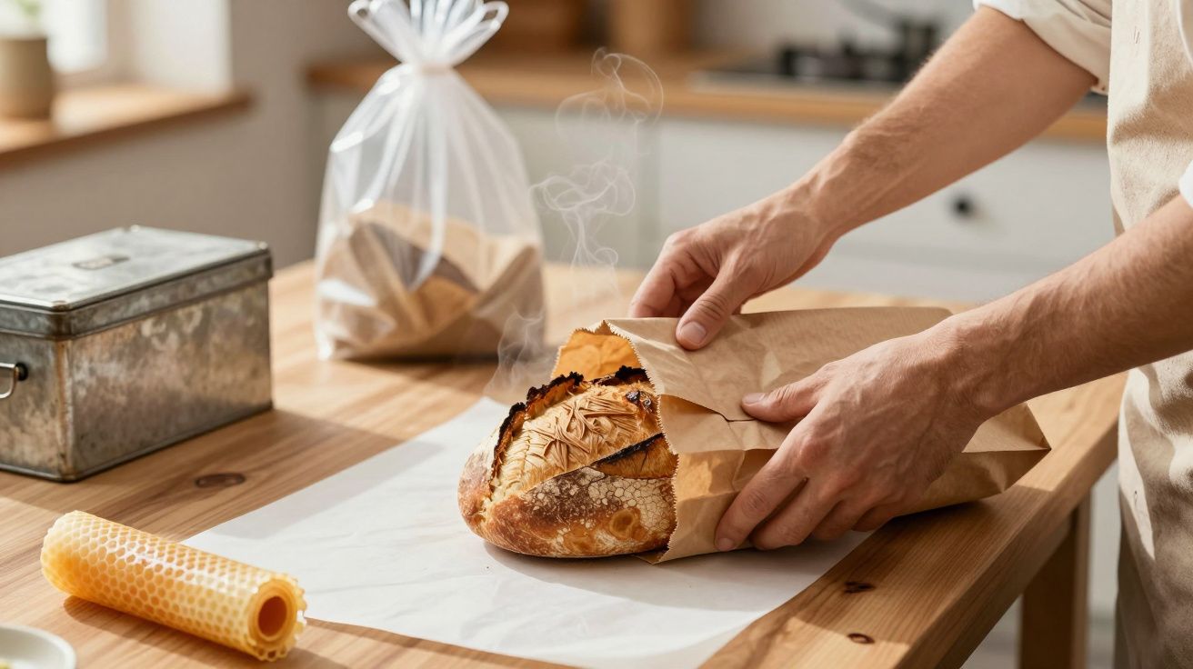 Pessoa a embalar pão fresco num saco de papel.