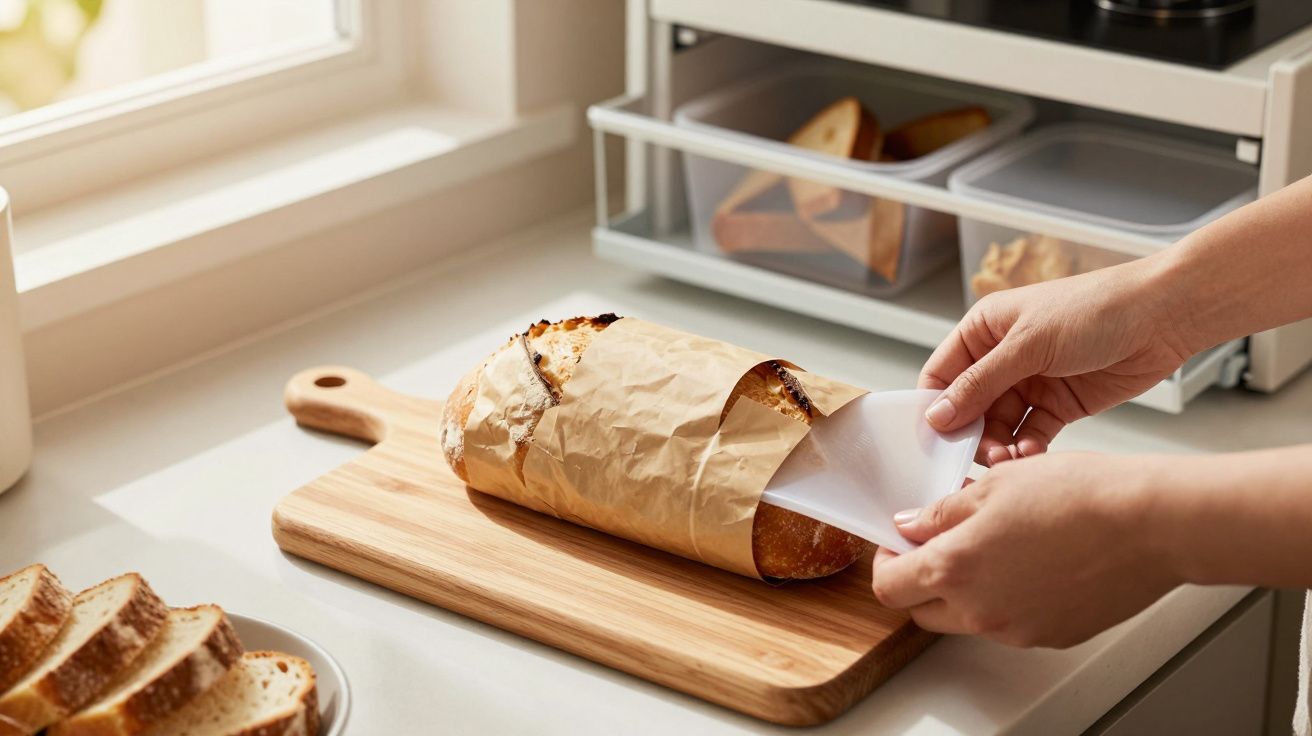 Pão crocante numa tábua de madeira, embrulhado em papel pardo, com uma mão a ajustar o papel.