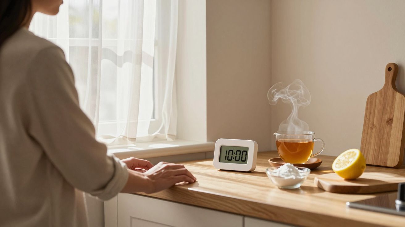 Mulher ao lado de relógio digital marcando 10:00, com chá fumegante e limão sobre a bancada iluminada por luz natural.