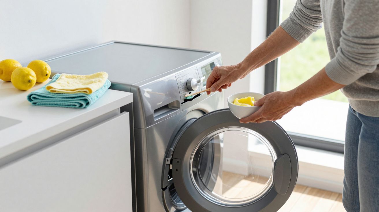 Pessoa adiciona sabão a máquina de lavar roupa numa cozinha com limões e toalhas ao lado.