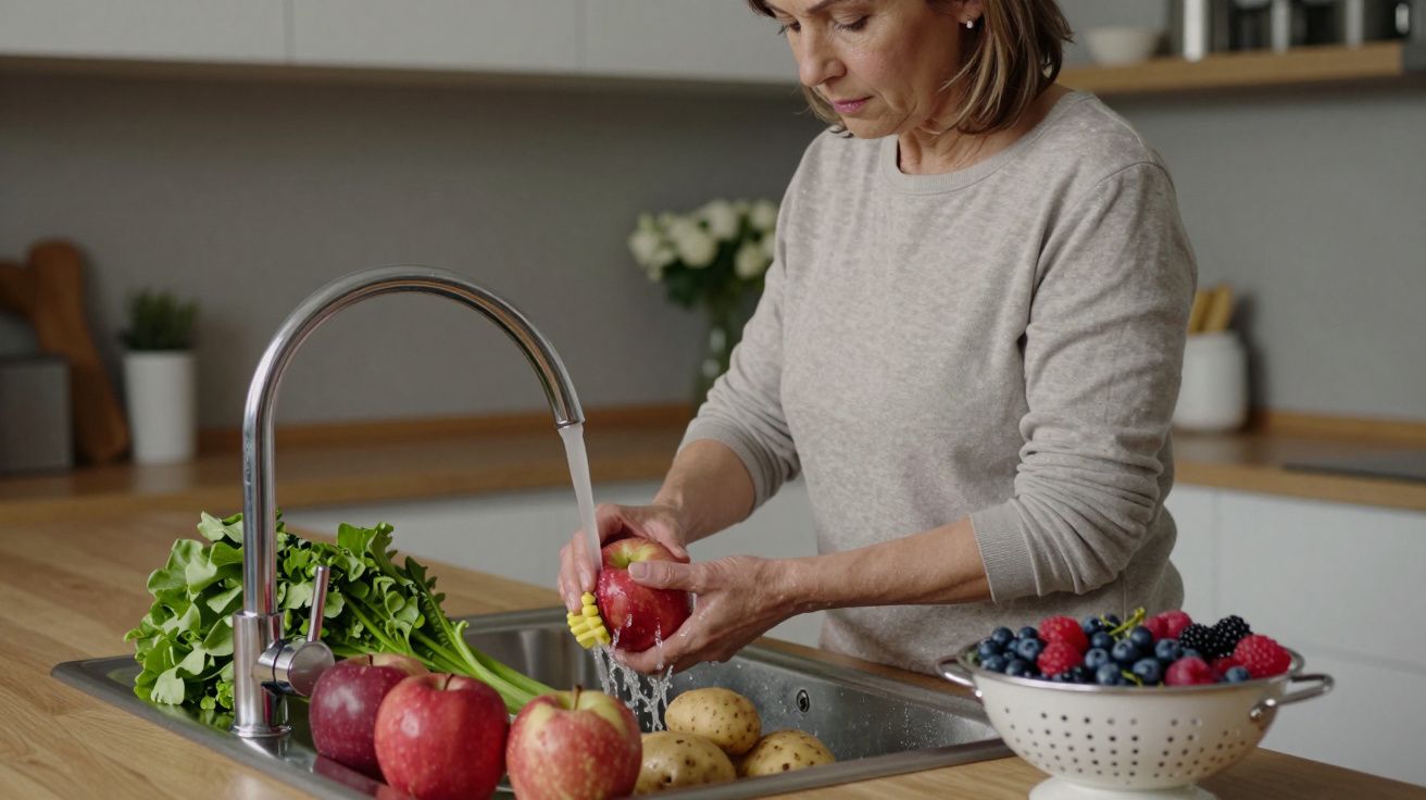 Mulher lavando frutas e legumes na cozinha com água corrente; maçãs, batatas e alface estão na pia.