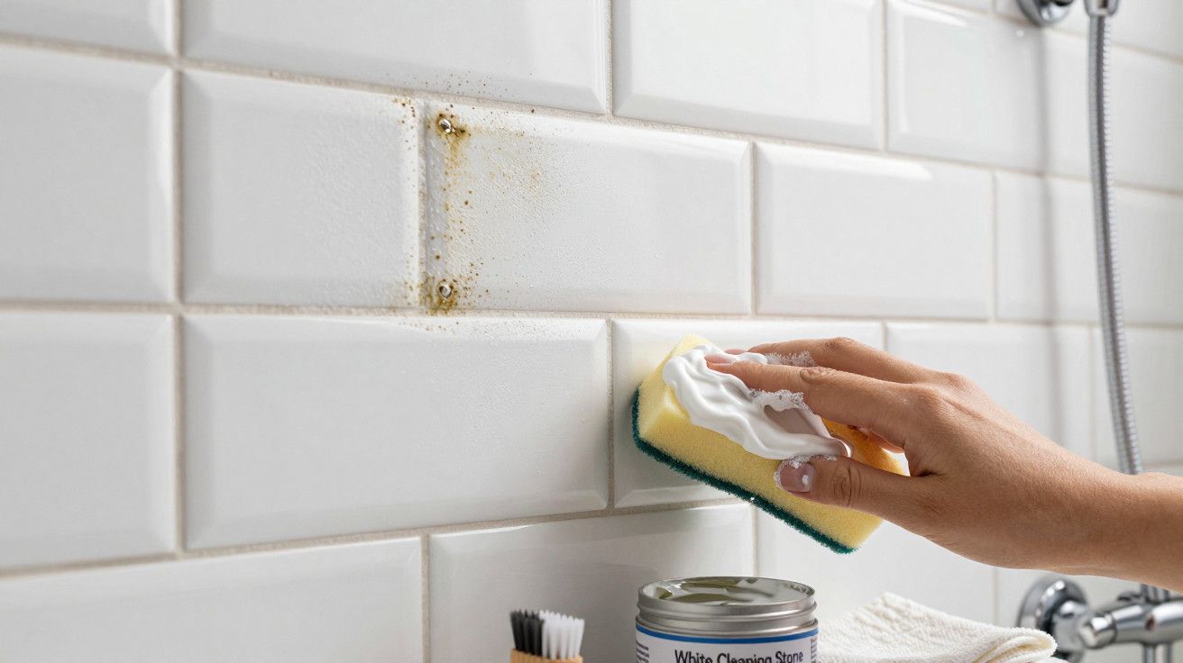 Mão a limpar azulejos de casa de banho com esponja e creme de limpeza, removendo sujidade e manchas.
