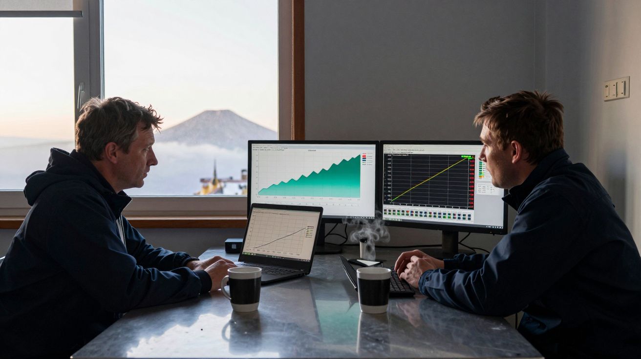 Dois homens discutem gráficos em três monitores e um portátil, com montanha ao fundo, junto a uma mesa com cafés.
