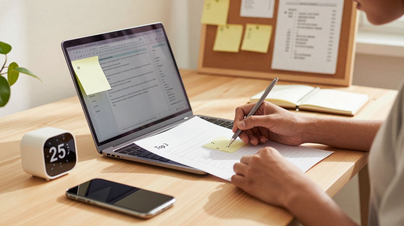 Pessoa escreve notas num papel, à frente de um computador portátil; na mesa, também há um despertador e um telemóvel.