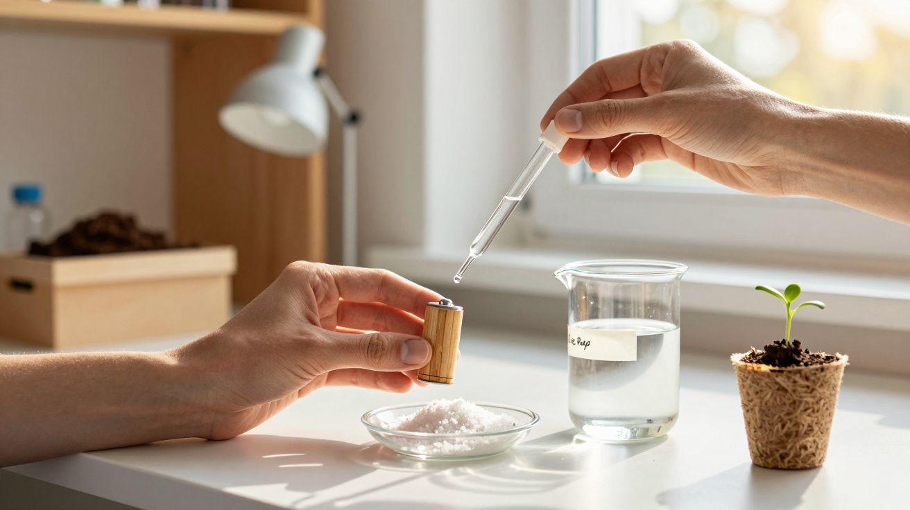Duas mãos, uma segurando um cilindro de madeira, outra usando pipeta, junto a sal num prato e copo com água, planta ao lado.