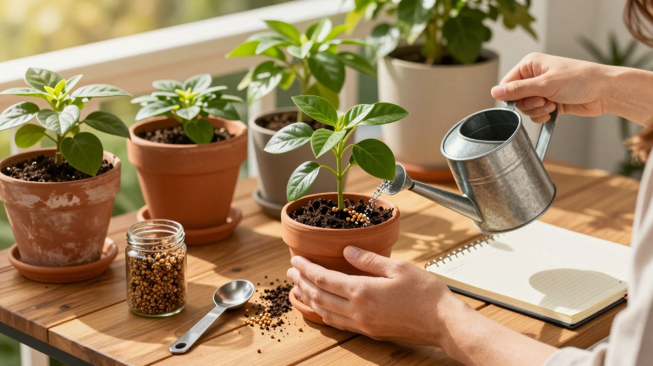 Pessoa a regar plantas em vasos de barro numa mesa de madeira, com sementes, caderno e regador metálico.