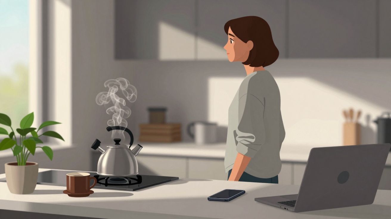 Mulher na cozinha com chaleira ao lume, chávena, portátil e planta sobre a bancada.