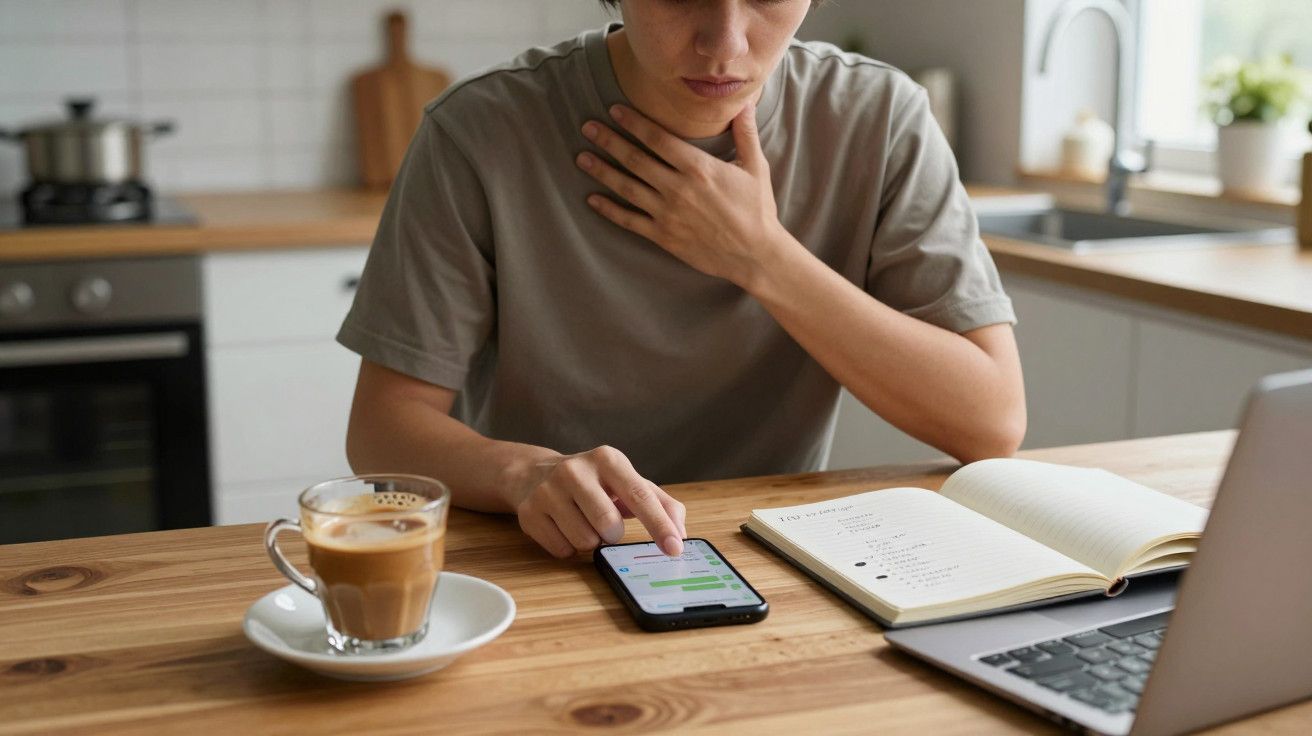 Pessoa na cozinha com dor de garganta, segura telemóvel. Laptop e café na mesa ao lado de caderno aberto.