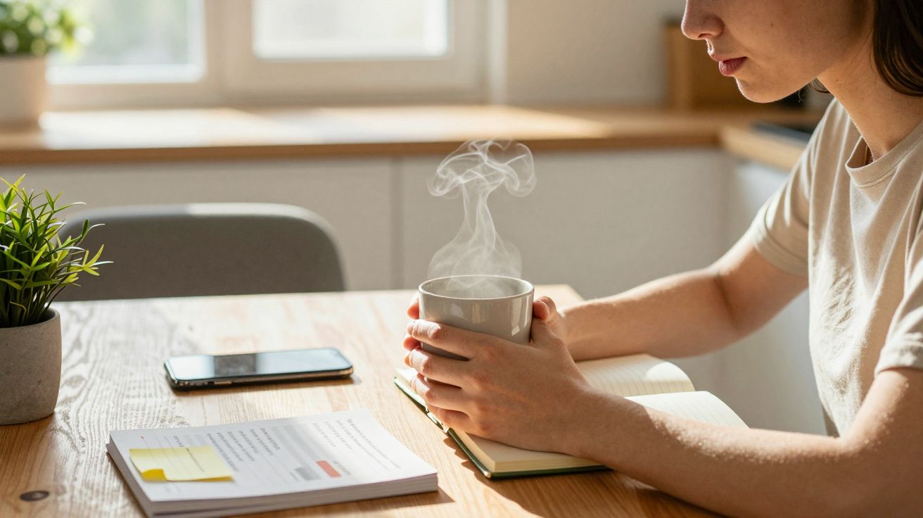 Pessoa segura chávena fumegante numa mesa com livro, telemóvel e planta pequena ao lado.