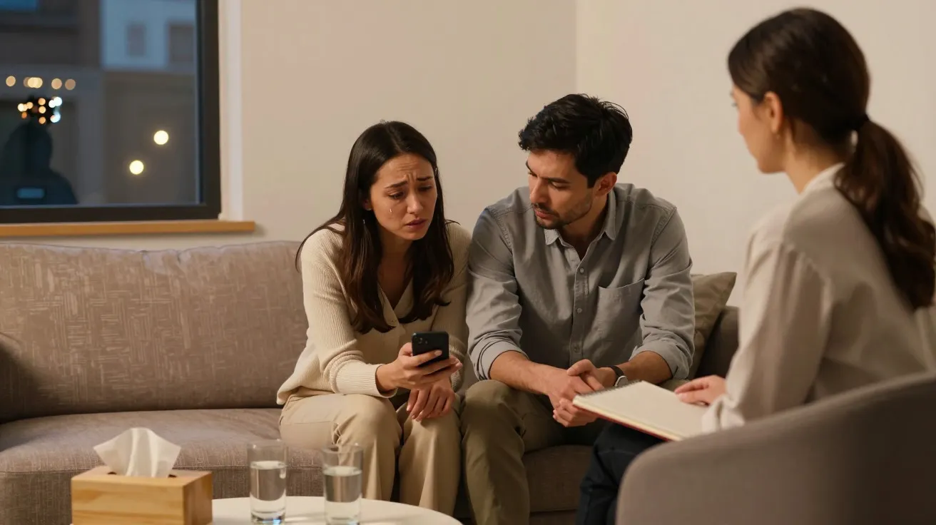 Casal sentado no sofá, olhando para um telemóvel, com terapeuta a escrever notas.