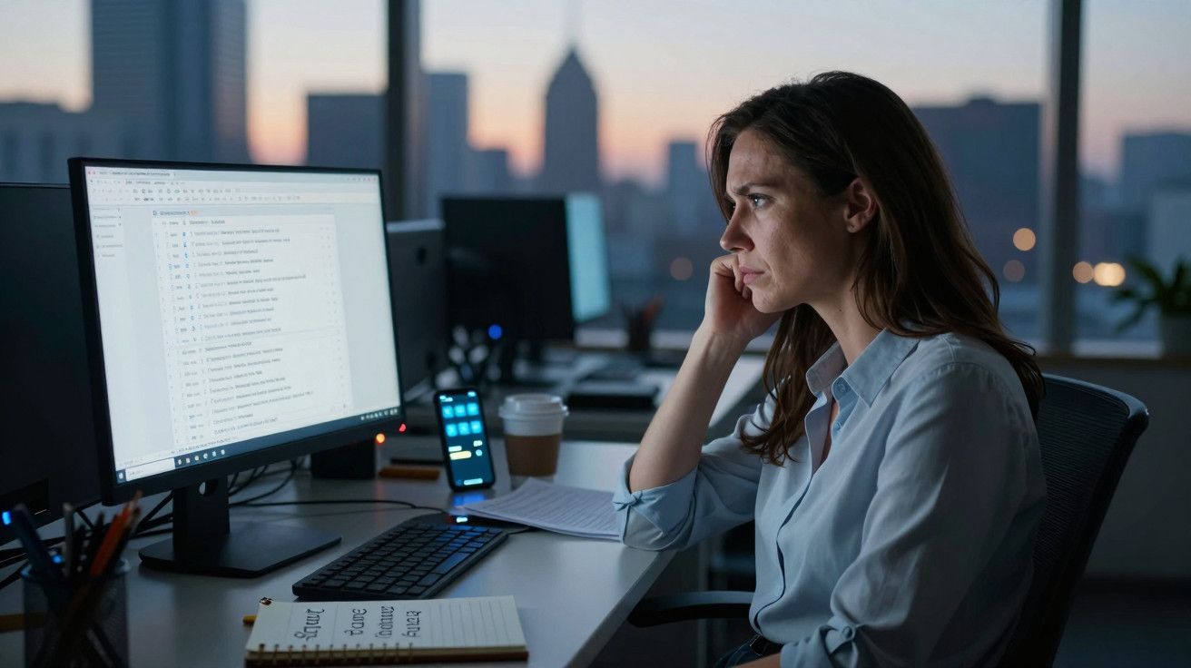 Mulher concentrada a trabalhar no computador num escritório à noite, com a cidade ao fundo.