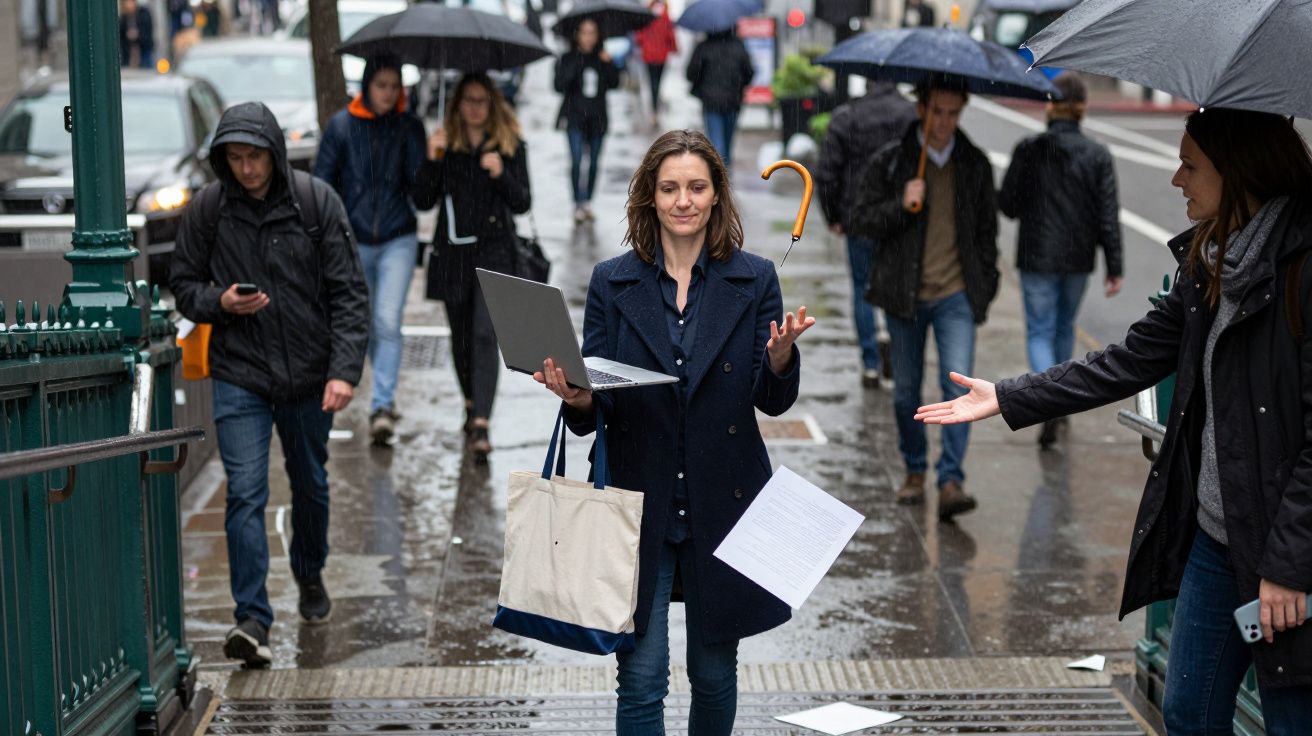 Mulher numa rua chuvosa, segurando portátil e guarda-chuva, com papéis a voar. Pessoas ao fundo usam guarda-chuvas.