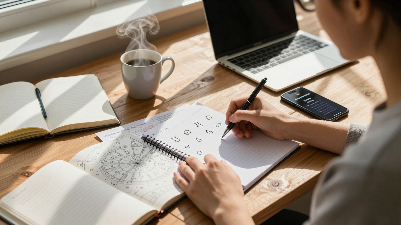 Pessoa escrevendo números num caderno, com laptop, telemóvel e chávena de café numa mesa iluminada pelo sol.