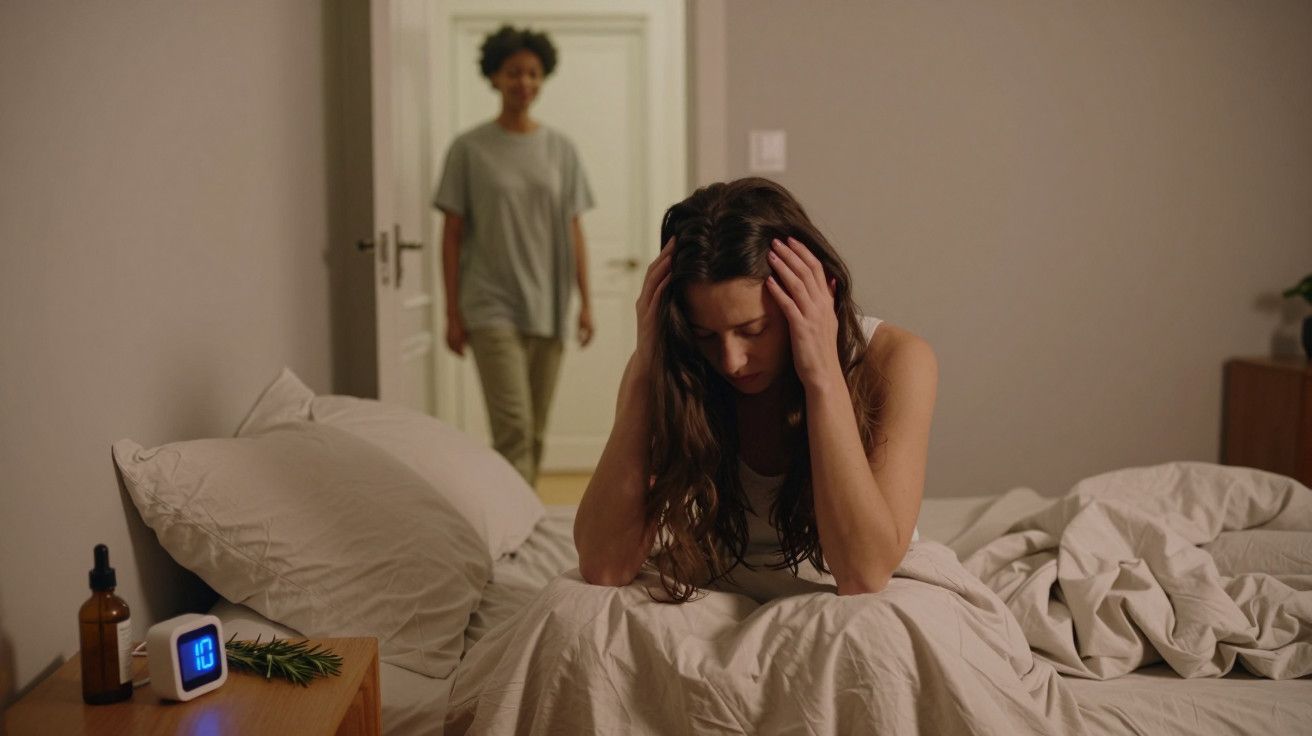 Mulher sentada na cama com as mãos na cabeça, outra pessoa aproxima-se na porta. Quarto com cama desarrumada.