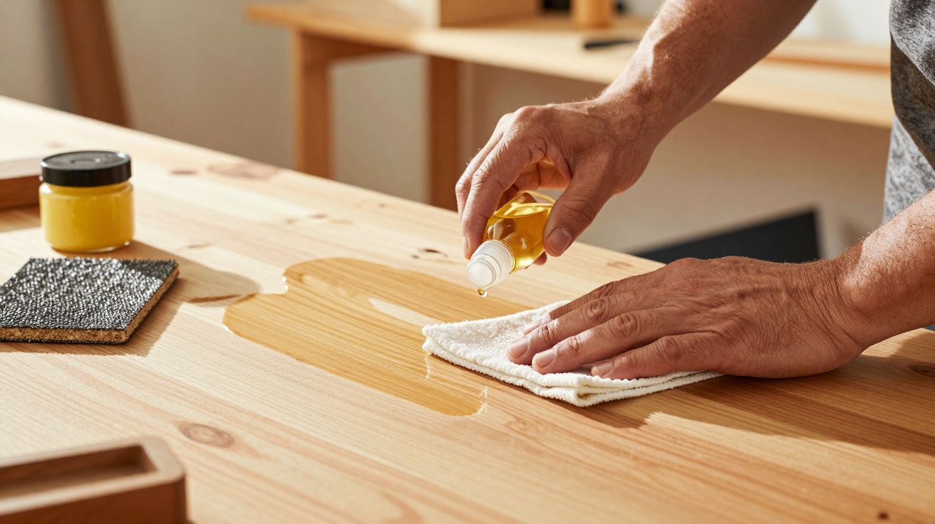 Mãos aplicam óleo em madeira com um pano sobre uma mesa, ao lado de um pote e uma esponja.