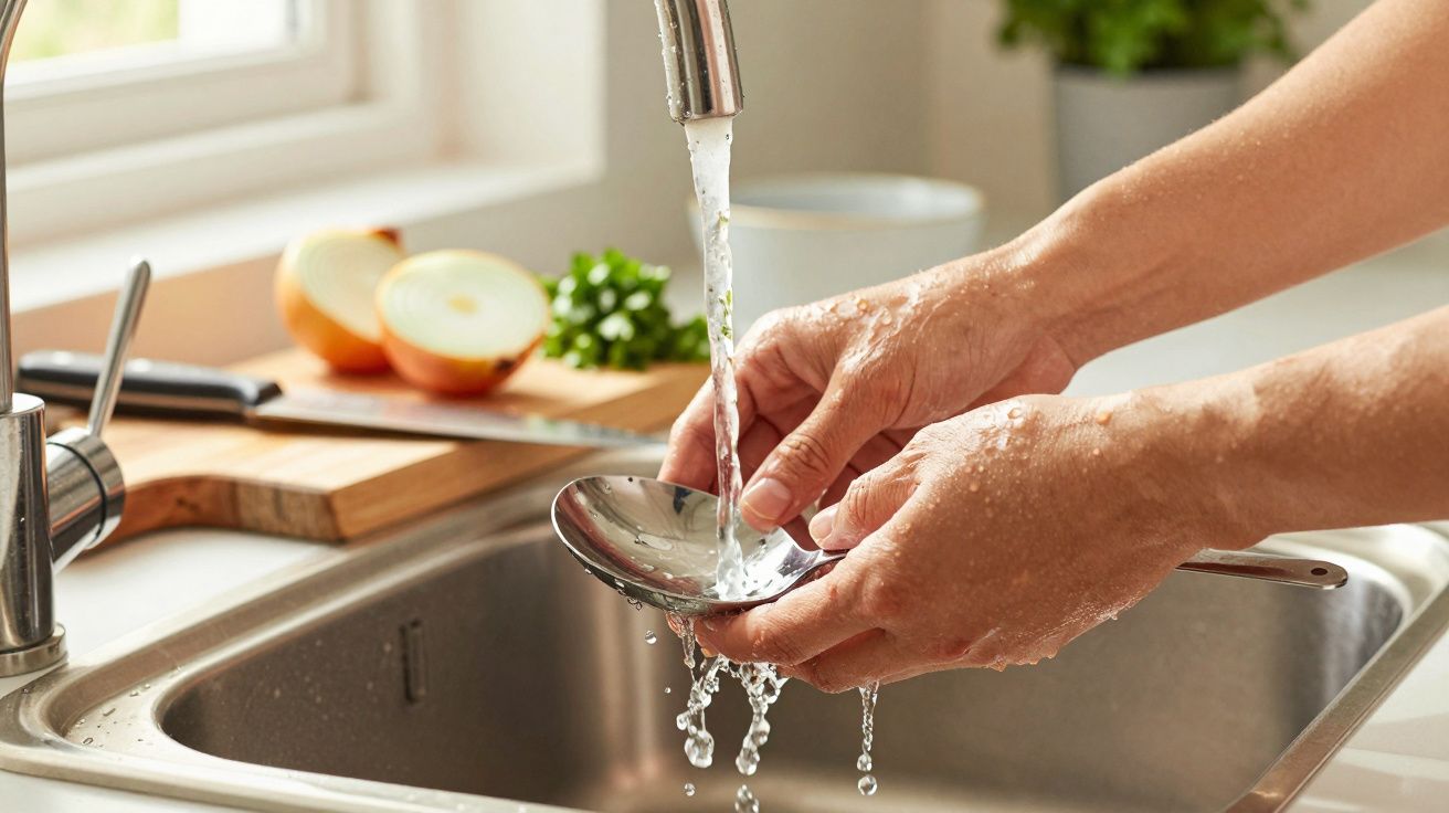 Mãos a lavar uma colher sob uma torneira, com cebolas fatiadas ao fundo na cozinha.
