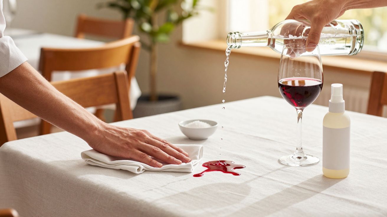Mão limpando vinho tinto derramado sobre toalha branca, garrafa e copo na mesa.