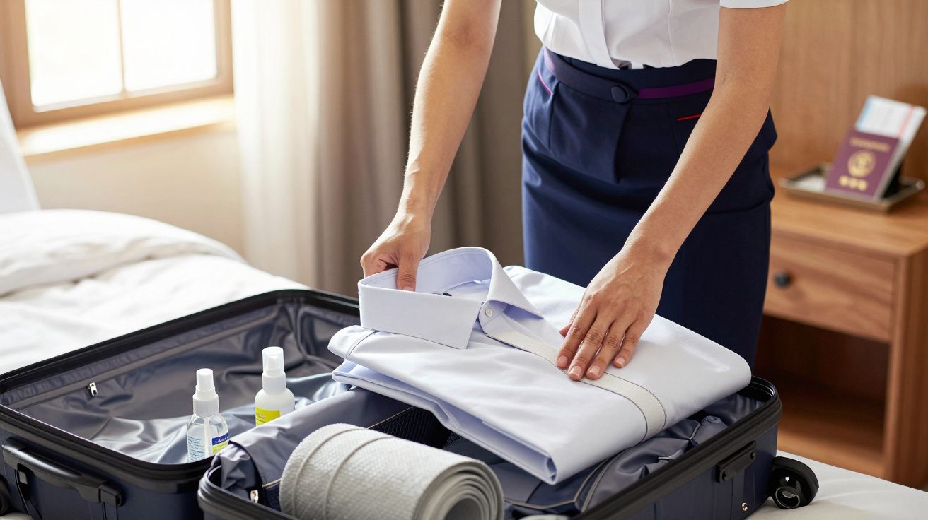 Pessoa a fazer a mala, colocando uma camisa branca, com frascos e passaporte sobre a mesa ao fundo.