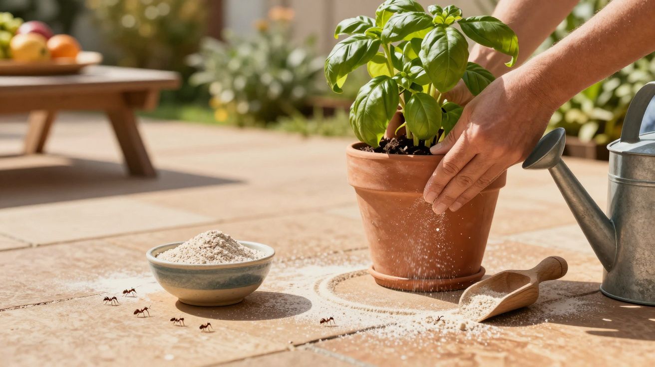 Pessoa cuidando de planta num vaso de barro ao ar livre, terra espalhada e formigas no chão. Regador ao lado.