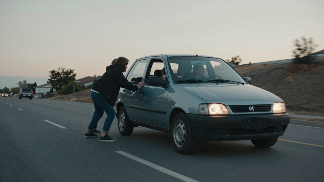 Pessoa empurra um carro cinzento parado na estrada ao pôr do sol.