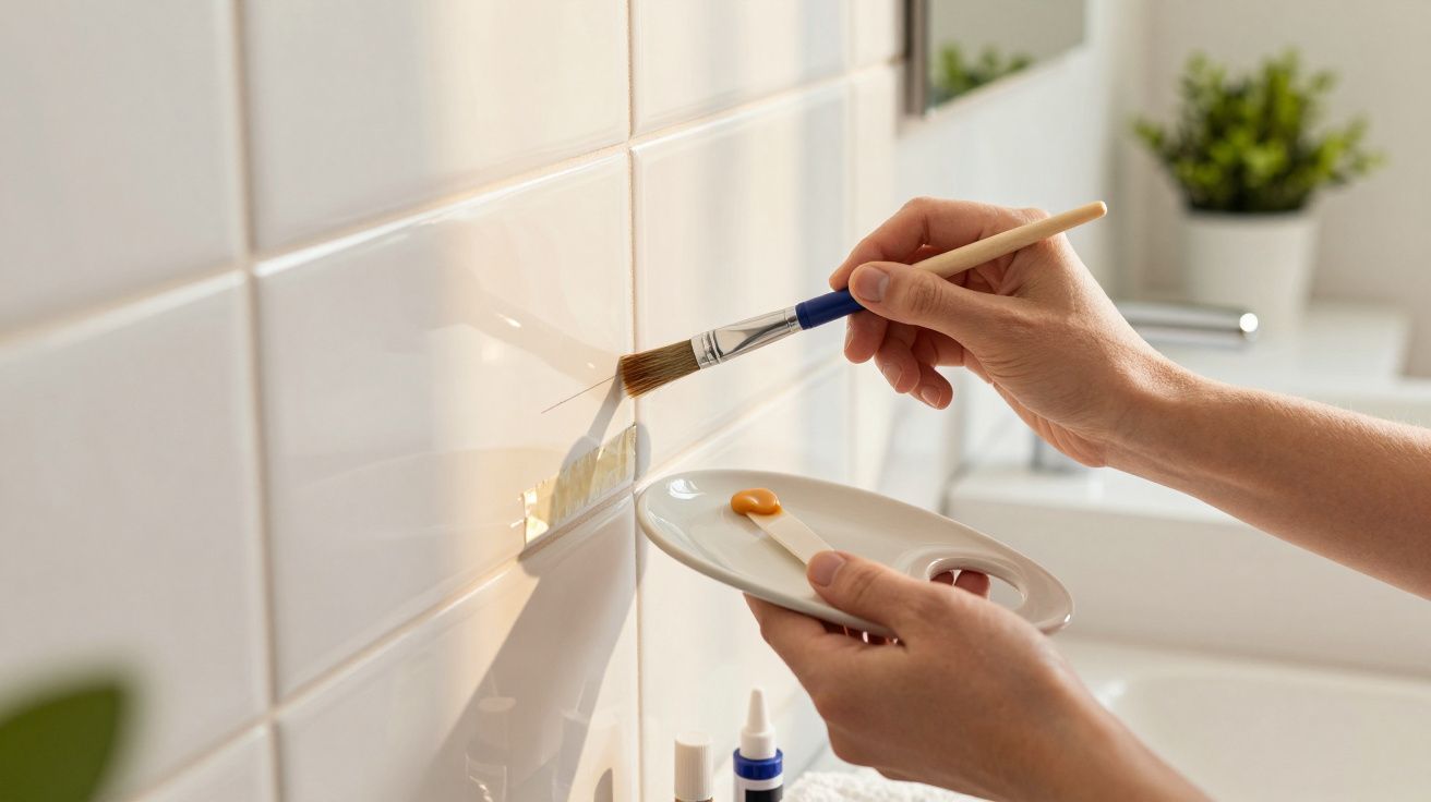 Pessoa a pintar ladrilhos brancos com pincel, segurando uma paleta pequena. Plantas ao fundo.