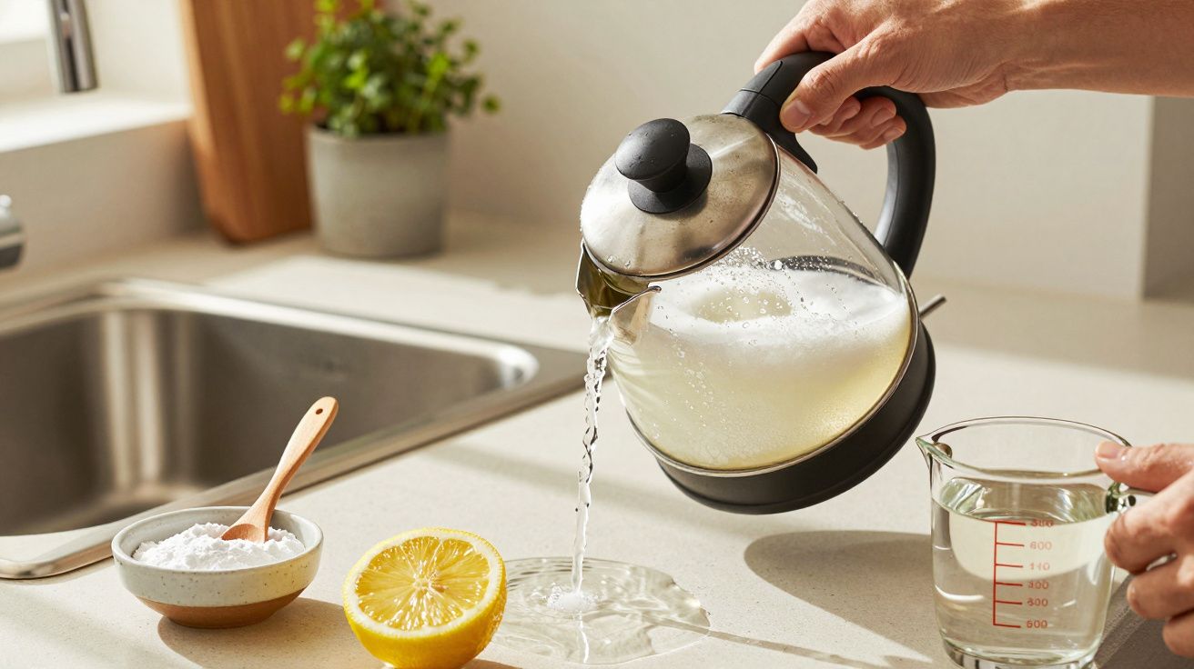 Mãos despejam água de chaleira elétrica no lava-loiça; bancada com limão, bicarbonato e copo medidor.