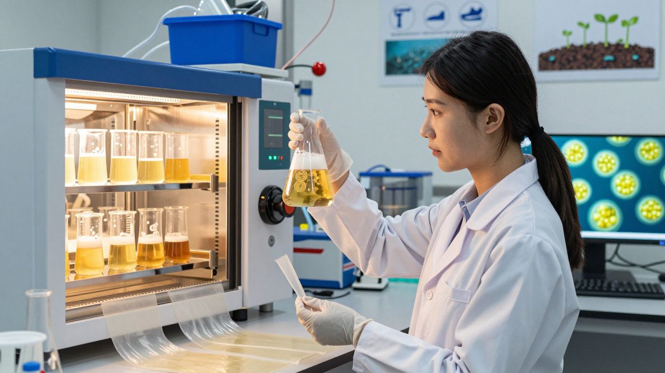 Cientista em laboratório analisando líquido em copo de medida com incubadora ao lado.