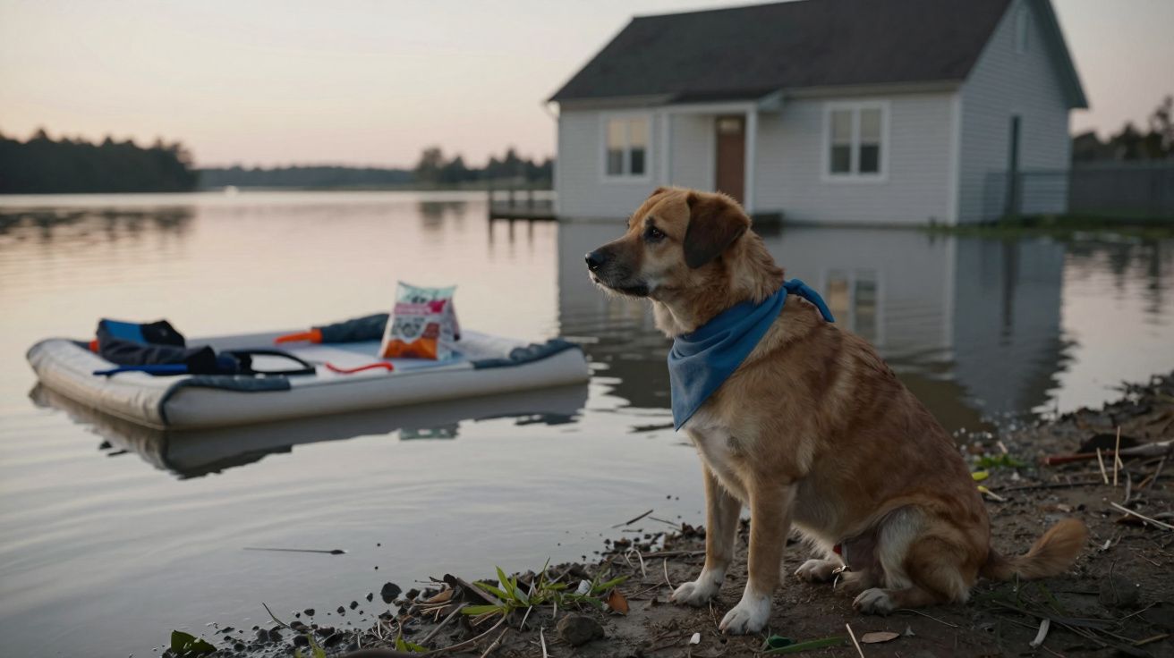 Cão com lenço azul sentado à beira de um lago, com uma casa ao fundo e uma jangada na água ao anoitecer.