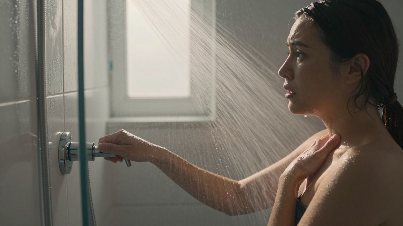 Mulher no duche ajustando a temperatura da água, visivelmente preocupada, debaixo de um jato de água.