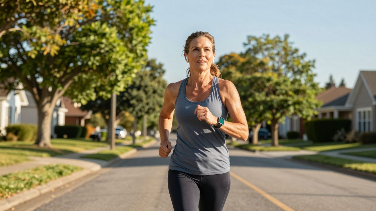 Mulher a correr numa rua residencial arborizada, usando roupa desportiva e relógio fitness, num dia ensolarado.