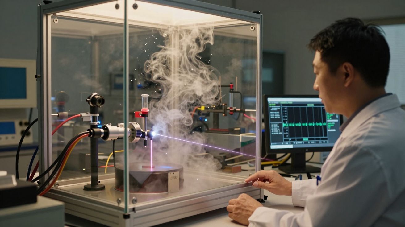 Cientista opera equipamento a laser numa câmara de fumo num laboratório, com um ecrã de computador ao fundo.