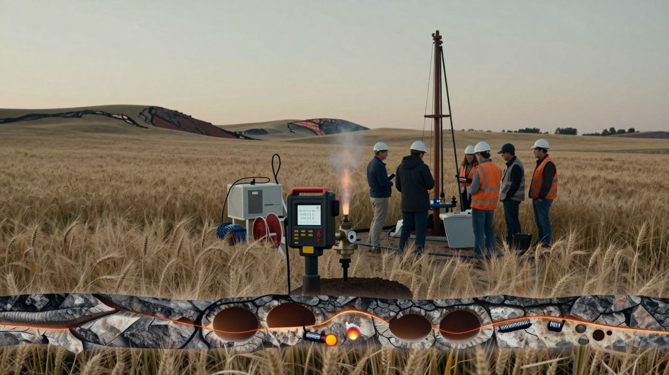 Grupo de pessoas com capacetes realiza uma perfuração em campo de trigo, com um painel de controlo e equipamentos técnicos.