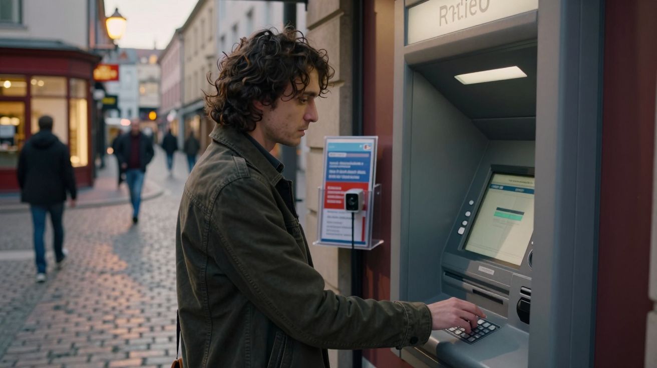 Homem a usar uma caixa multibanco numa rua pavimentada, com pessoas a caminhar ao fundo.