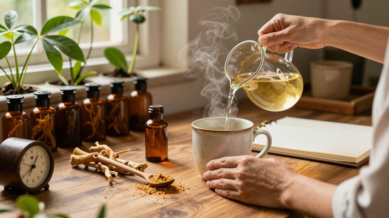 Pessoa a verter chá numa caneca de cerâmica, rodeada por plantas e frascos de vidro, em mesa de madeira.