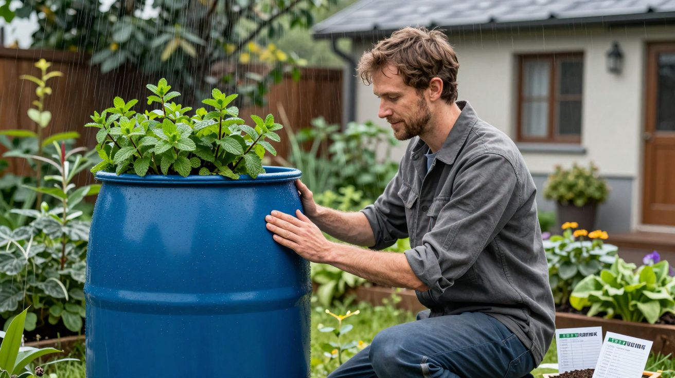 Homem cuida de plantas num barril azul no jardim, rodeado por vegetação e caixas de sementes, em dia de chuva suave.