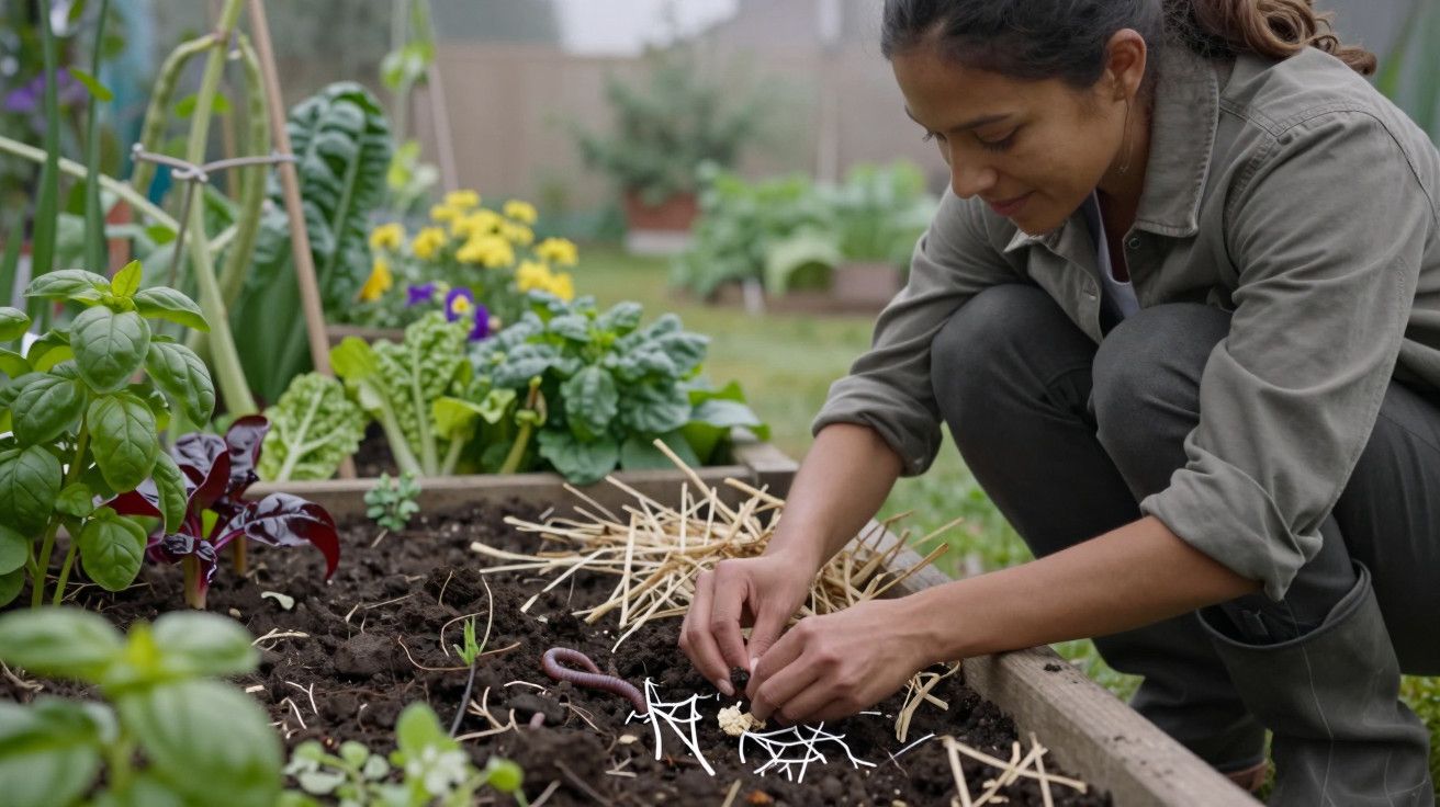 Mulher ajoelhada a plantar sementes numa horta, rodeada de vegetais e flores coloridas.