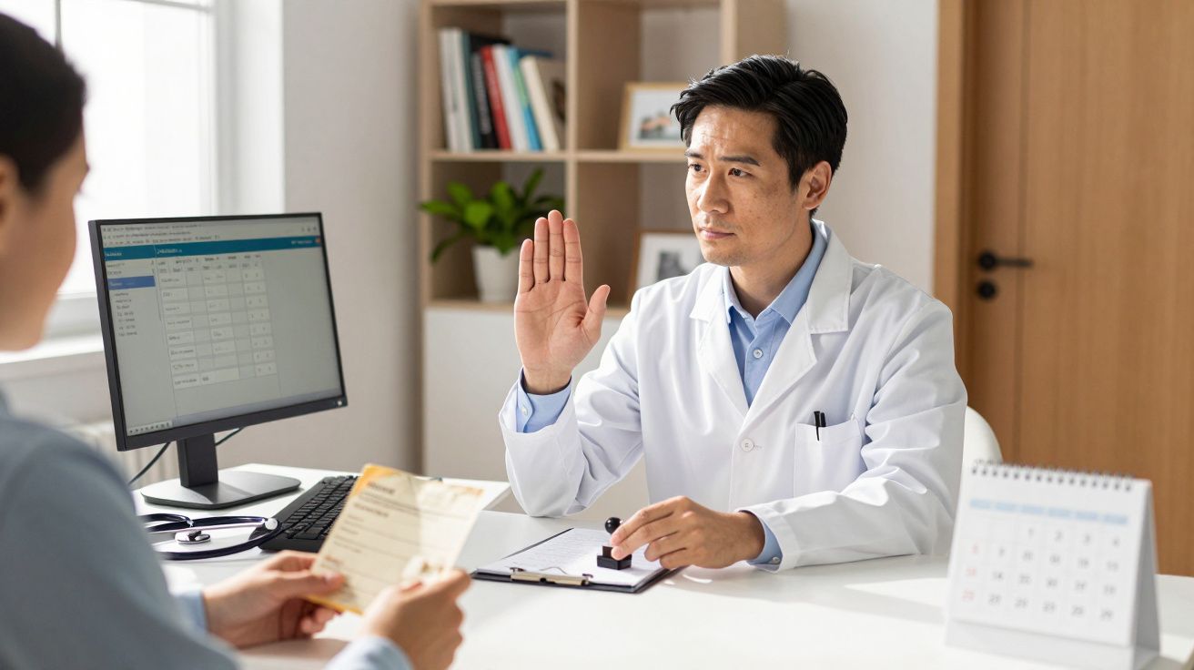 Médico de bata branca levanta a mão numa consulta, sentado à secretária com computador e calendário.
