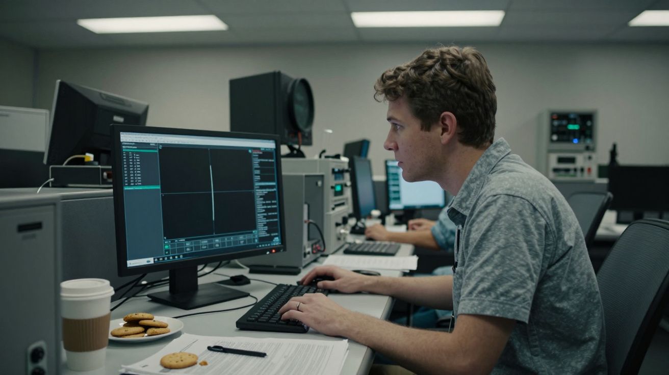 Homem a trabalhar num computador num escritório, com chávena e bolachas na secretária.