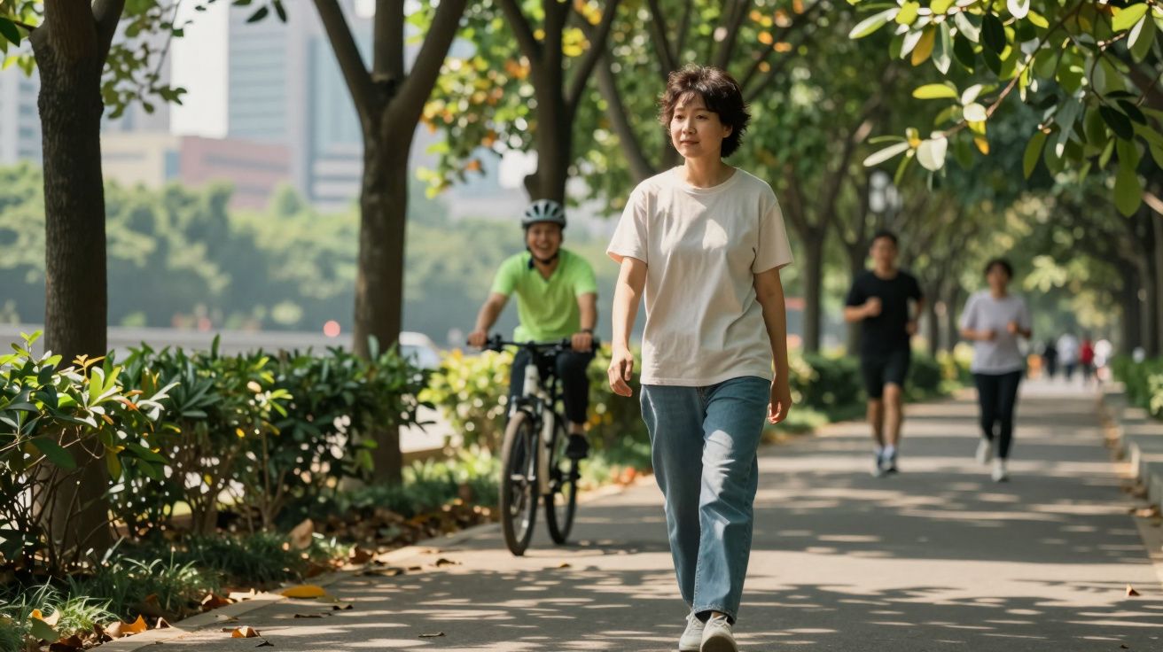 Pessoa a caminhar num parque verde, com ciclista ao fundo e árvores altas em volta.