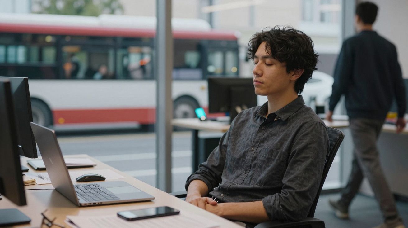Homem sentado num escritório, de olhos fechados, em frente a um computador portátil, com um autocarro visível pela janela.