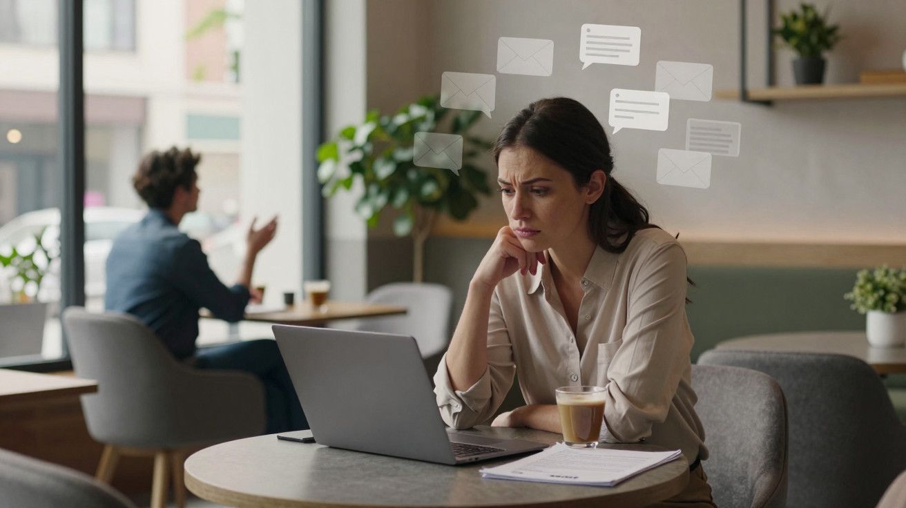 Mulher preocupada trabalhando num café com portátil, mensagens pairando sobre a cabeça.