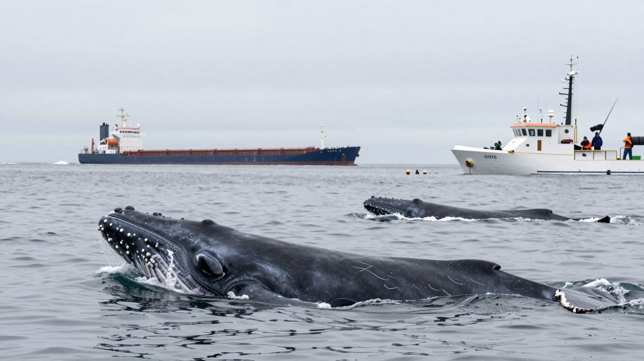Baleias jubarte na superfície do mar com um navio de carga e um barco próximo ao fundo.
