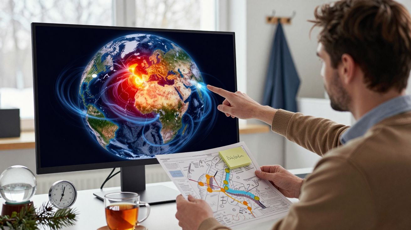 Homem analisa mapa mundial no ecrã com pontos de luz. Papel com mapa em mãos sobre mesa de escritório.