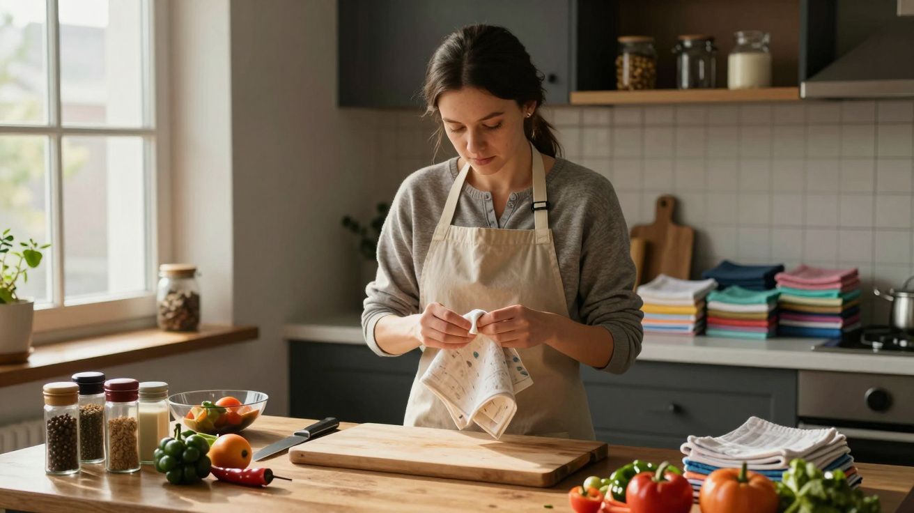 Mulher na cozinha com avental, limpando bancada de madeira com um pano, rodeada de ingredientes e potes de especiarias.