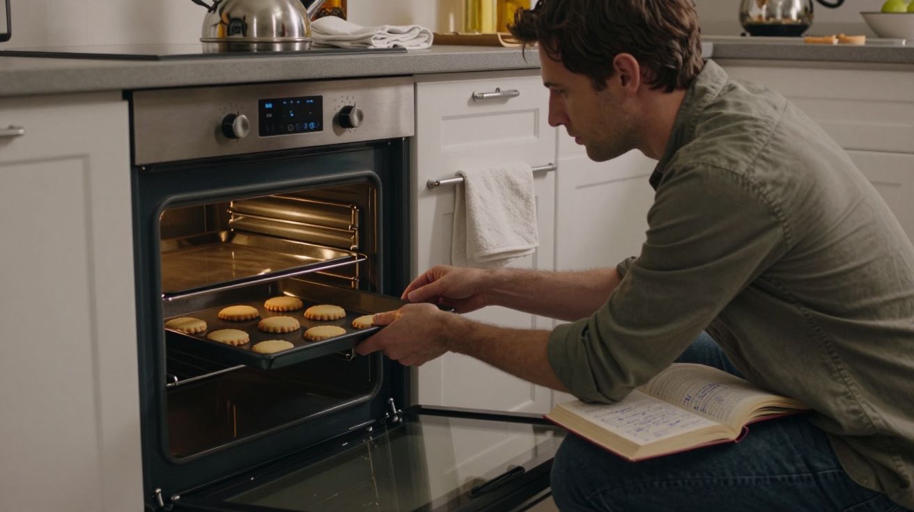 Homem coloca tabuleiro de bolachas no forno, segurando livro de receitas. Cozinha moderna com forno embutido.
