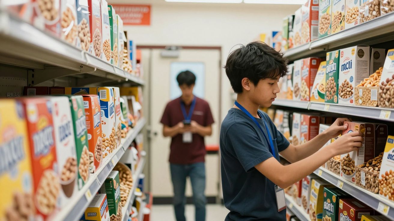 Jovem organiza caixas de cereais numa prateleira de supermercado enquanto outro rapaz está ao fundo com um telemóvel.